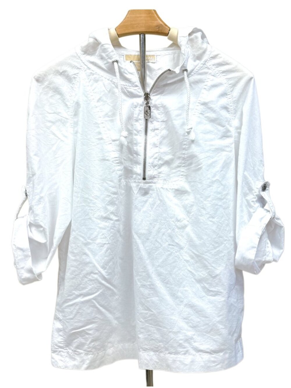 Michael Kors White Hooded Pullover Top Lightweight 3/4 Sleeves Coverup Casual